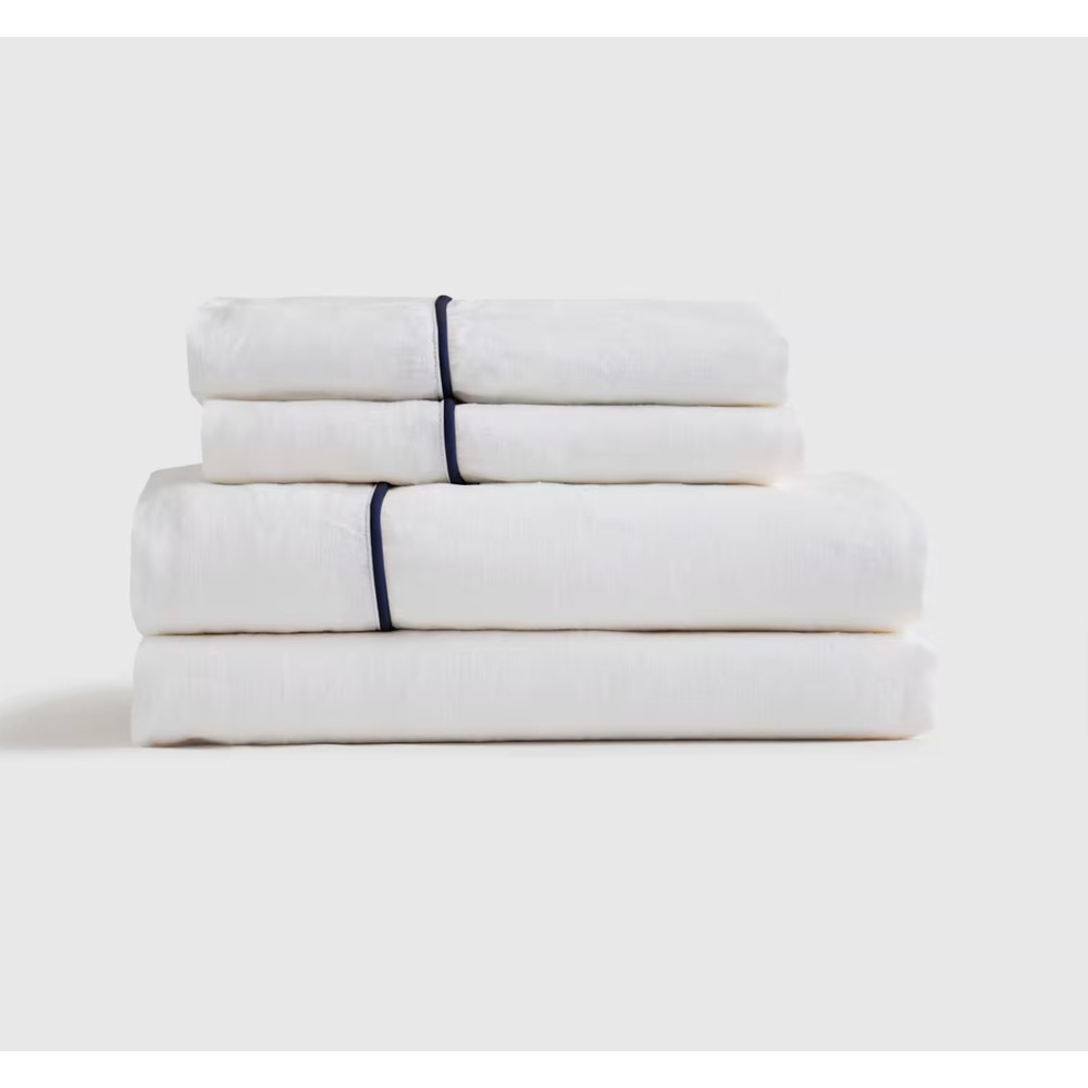 Quince European Linen Piped Sheet Set Full Size WHITE/NAVY 4 Piece w/ Flat Sheet